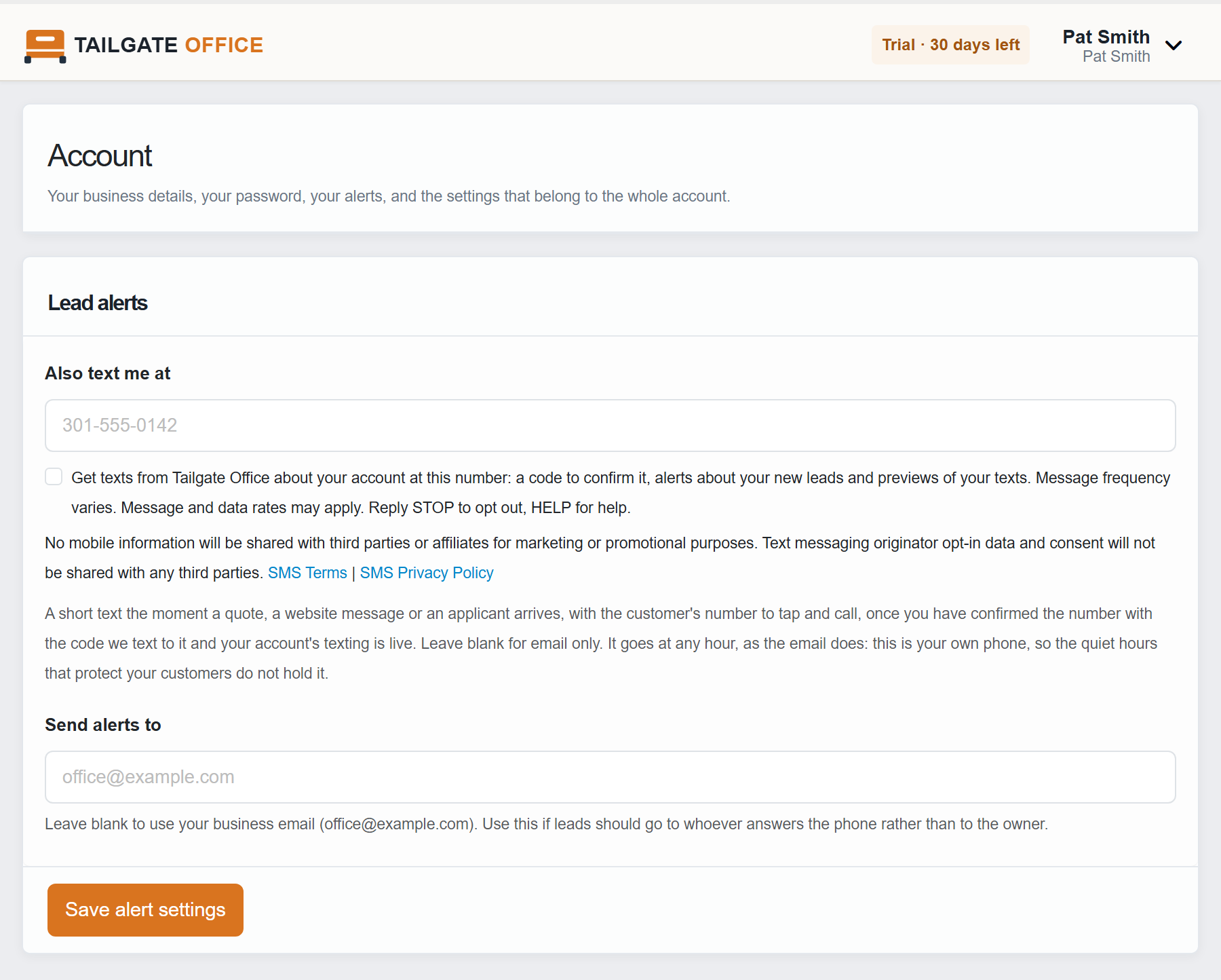 Picture of the Account page in the Tailgate Office member portal, under its header bar and title: the Lead alerts card, its three email settings left out, with the "Also text me at" field, the unticked box under it with its words, the no-sharing sentences and the SMS Terms and SMS Privacy Policy links, and the Save alert settings button.