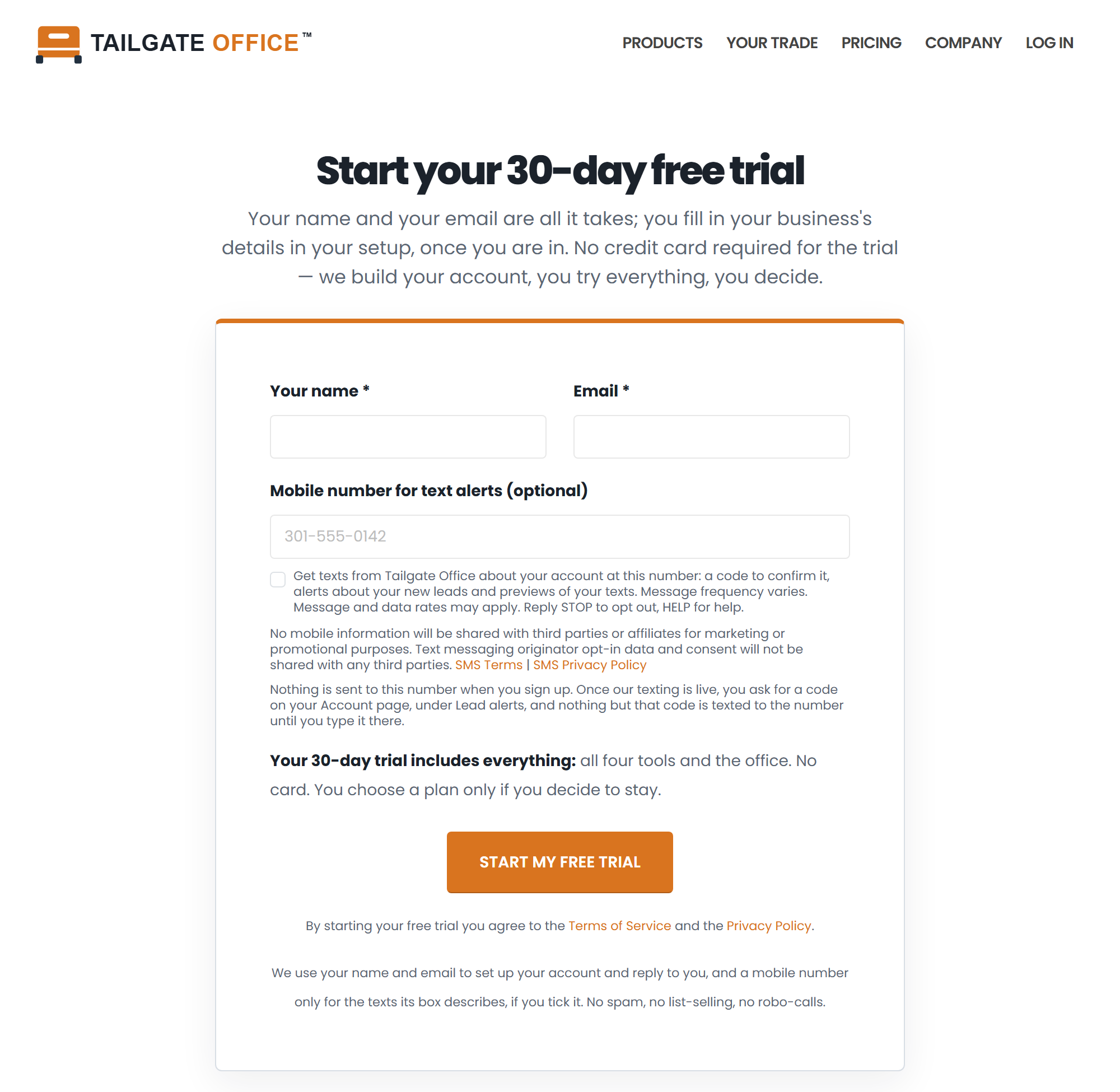 Screenshot of the free-trial sign-up form at tailgateoffice.com/get-started/: name, email, the optional "Mobile number for text alerts" field, the unticked box under it with its words, the no-sharing sentences and the SMS Terms and SMS Privacy Policy links.